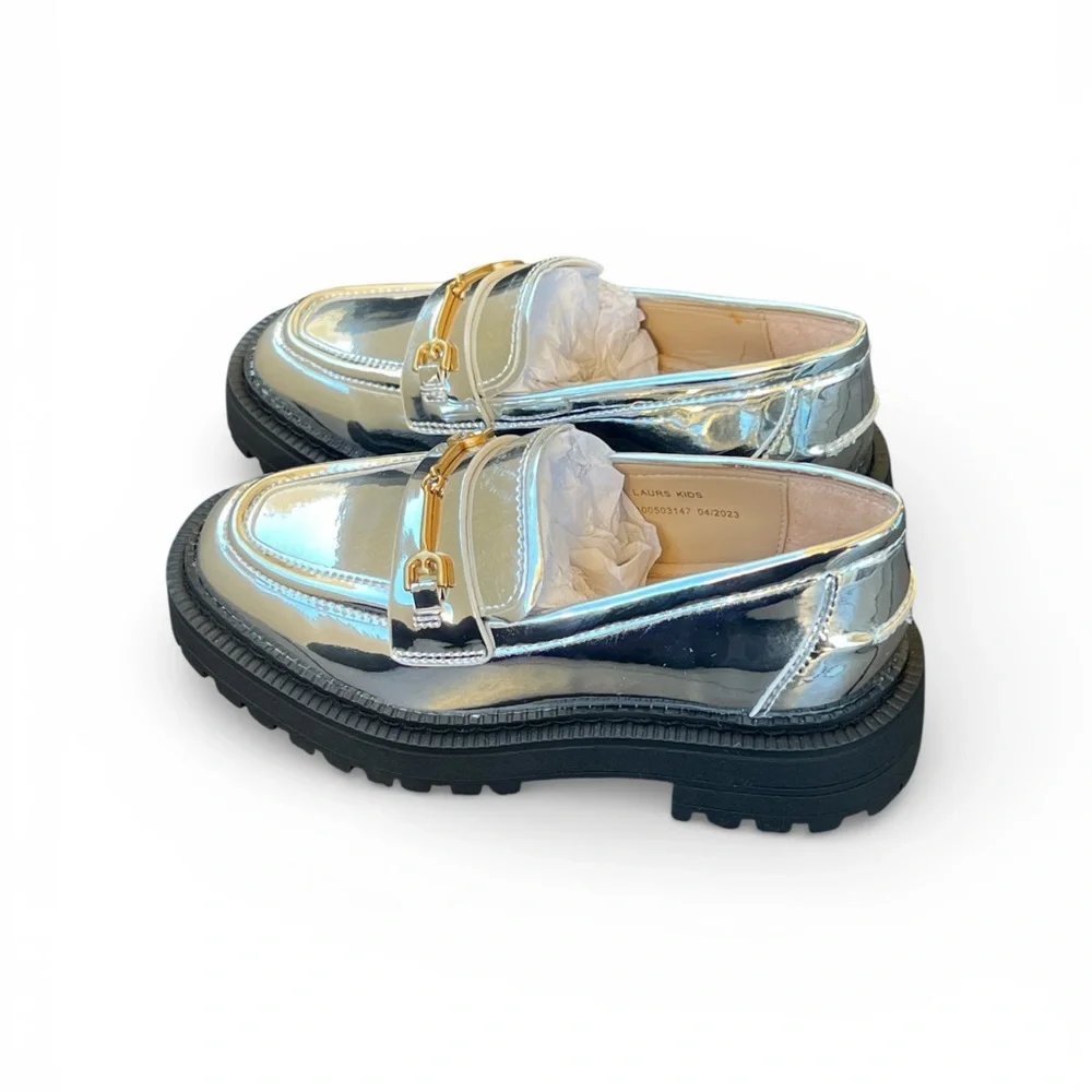 Sam Edelman Laurs Silver Metallic Kids Loafers with Gold Accent. NWOT In Box.